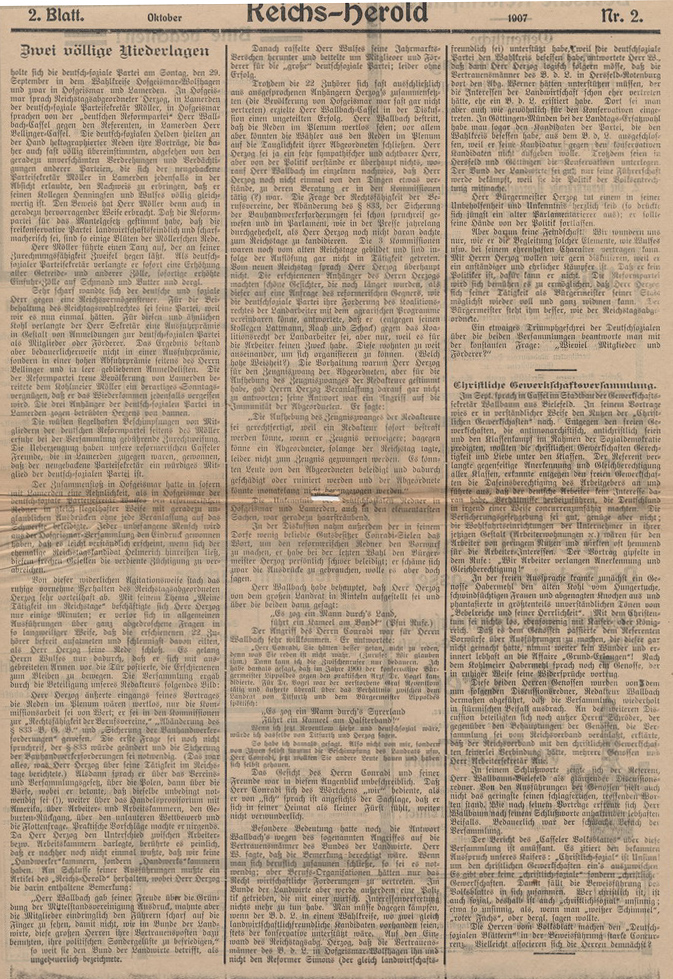 Kommentar der Zeitung "Reichsherold" zur Wahlniederlage der Deutsch-Sozialen Partei, Oktober 1907