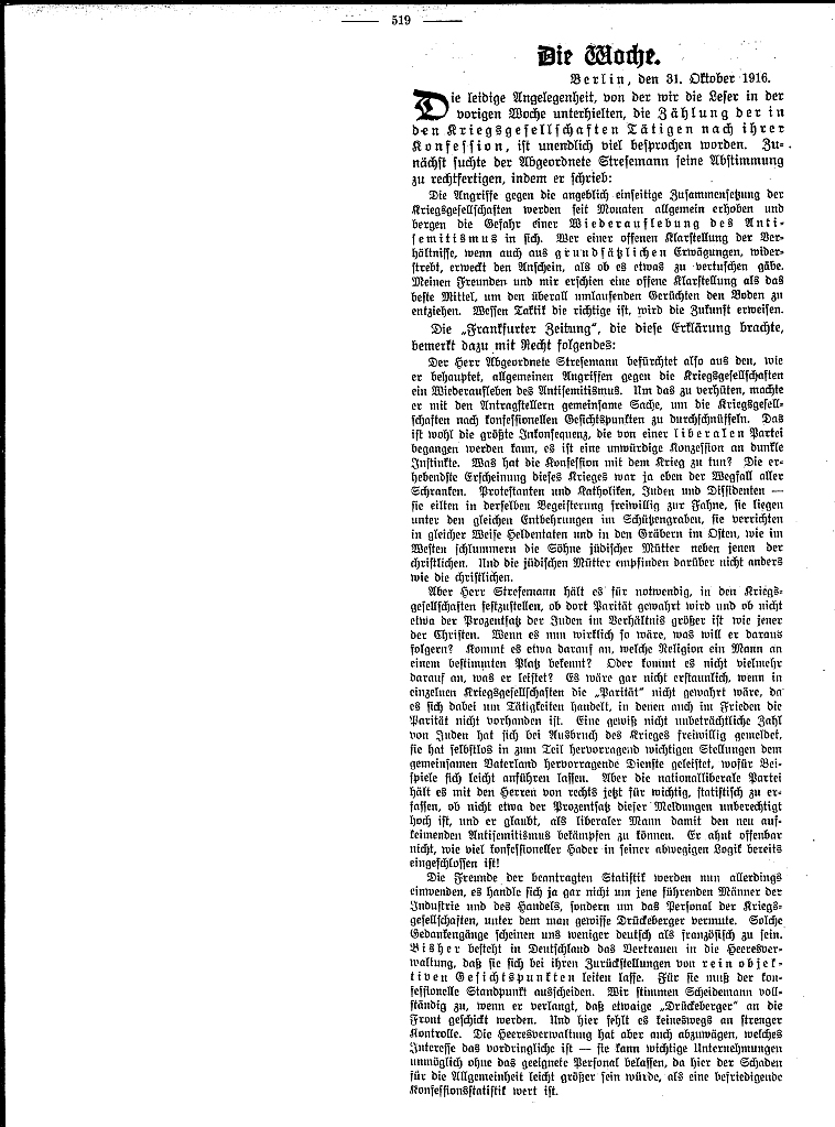 Kommentierung der "Allgemeinen Zeitung des Judentums" zur Judenzählung im deutschen Heer, 3. November 1916