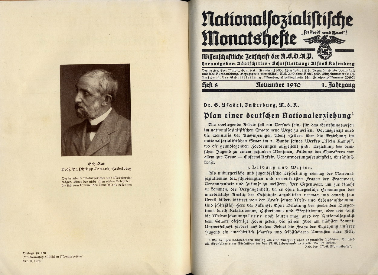 G. Usadel, Plan einer deutschen Nationalerziehung, Nationalsozialistische Monatshefte 8, November 1930