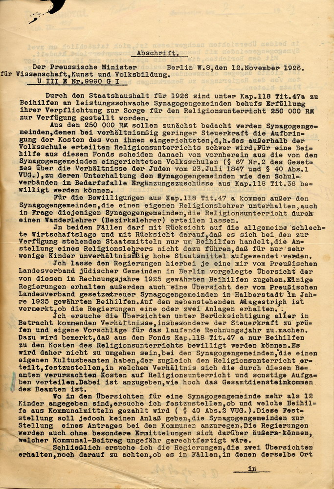 Erlass der Preußischen Ministeriums für Wissenschaft, Kunst und Volksbildung zur Gewährung von Zuschüssen zum jüdischen Religionsunterricht, 12. November 1926, und Weiterleitung durch den Regierungspräsidenten in Kassel an die Landräte, 17. Dezember 1926