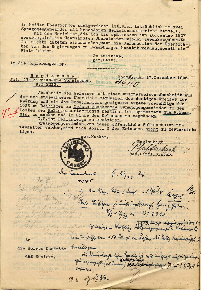 Erlass der Preußischen Ministeriums für Wissenschaft, Kunst und Volksbildung zur Gewährung von Zuschüssen zum jüdischen Religionsunterricht, 12. November 1926, und Weiterleitung durch den Regierungspräsidenten in Kassel an die Landräte, 17. Dezember 1926