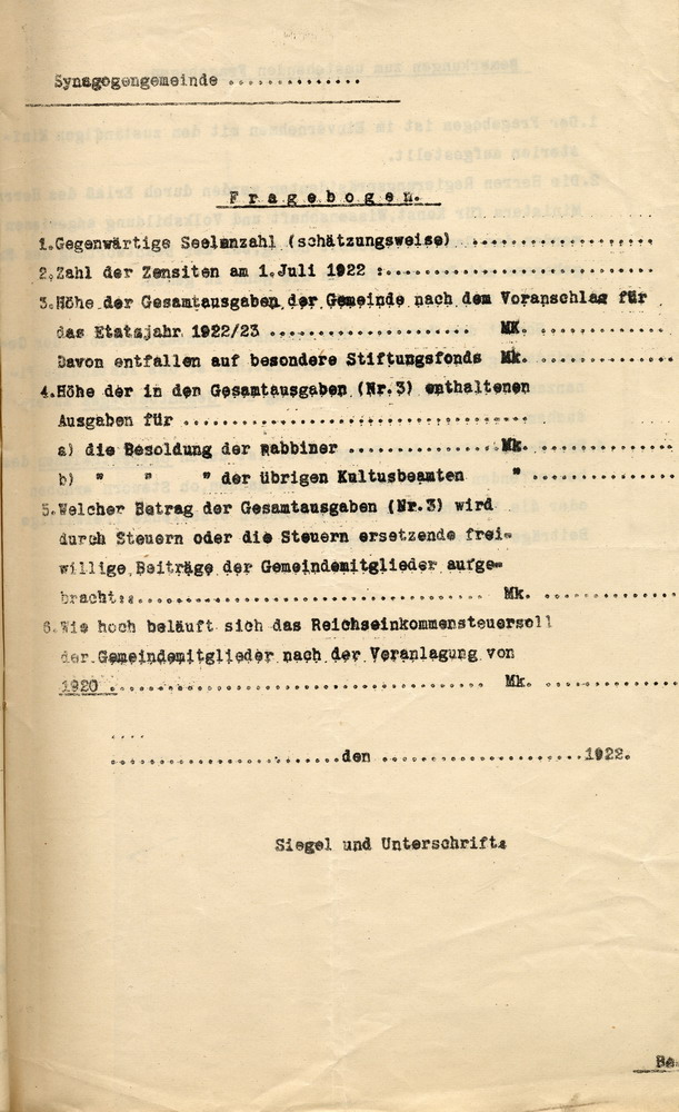 Fragebogen des Preußischen Wissenschaftsministerium für die Synagogengemeinden zur Ermittlung derer Verhältnisse, 22. Juli 1922