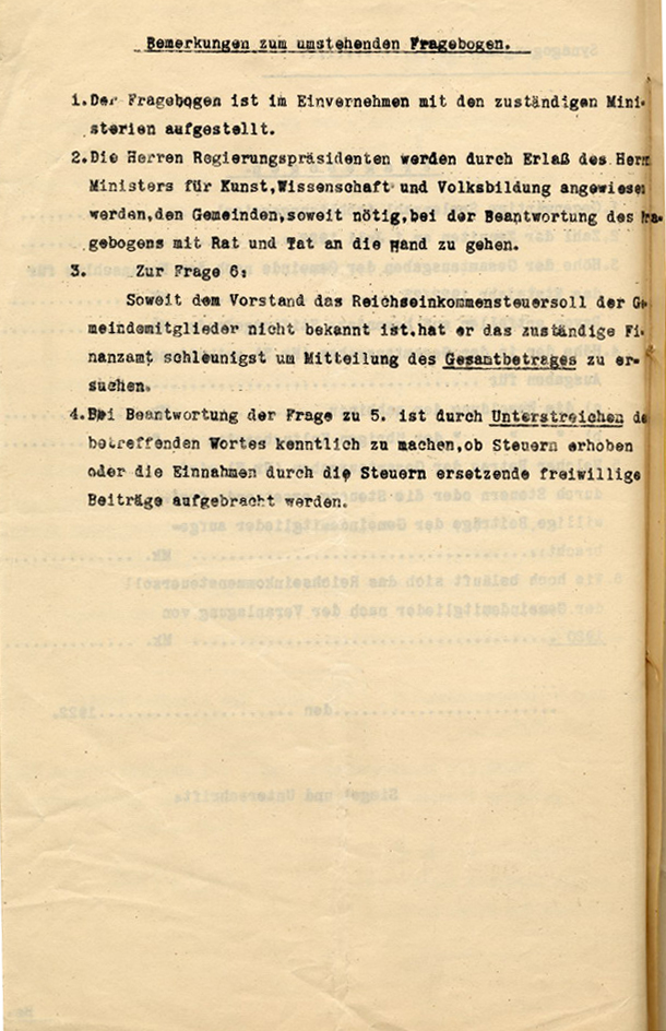 Fragebogen des Preußischen Wissenschaftsministerium für die Synagogengemeinden zur Ermittlung derer Verhältnisse, 22. Juli 1922