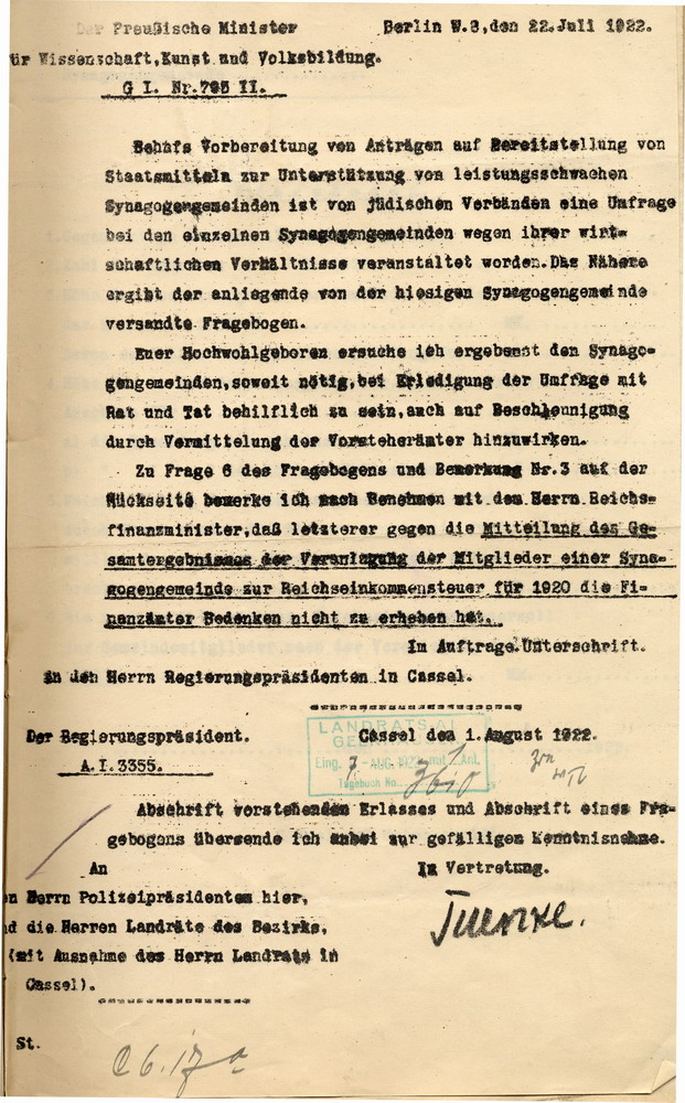 Fragebogen des Preußischen Wissenschaftsministerium für die Synagogengemeinden zur Ermittlung derer Verhältnisse, 22. Juli 1922