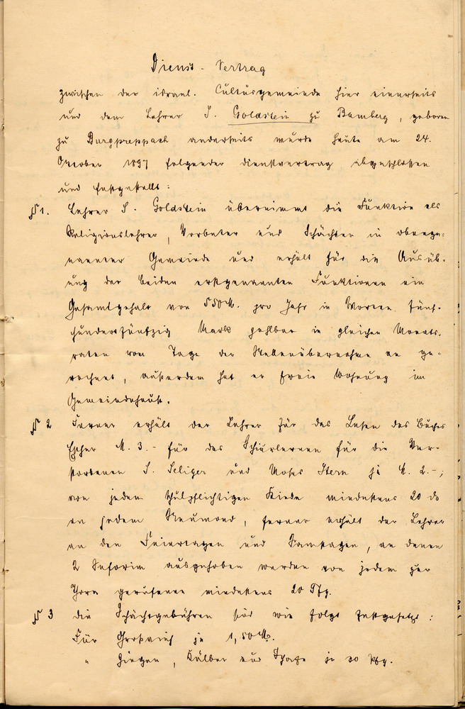 Dienstleistungsvertrag zwischen der Synagogengemeinde Orb und dem Lehrer Goldstein, 24. Oktober 1897