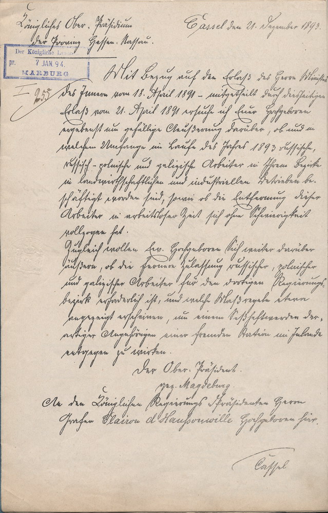 Verfügung des Oberpräsidenten in Kassel zur Beschäftigung von Arbeitskräften aus Russland, Polen und Galizien, 21. Dezember 1893