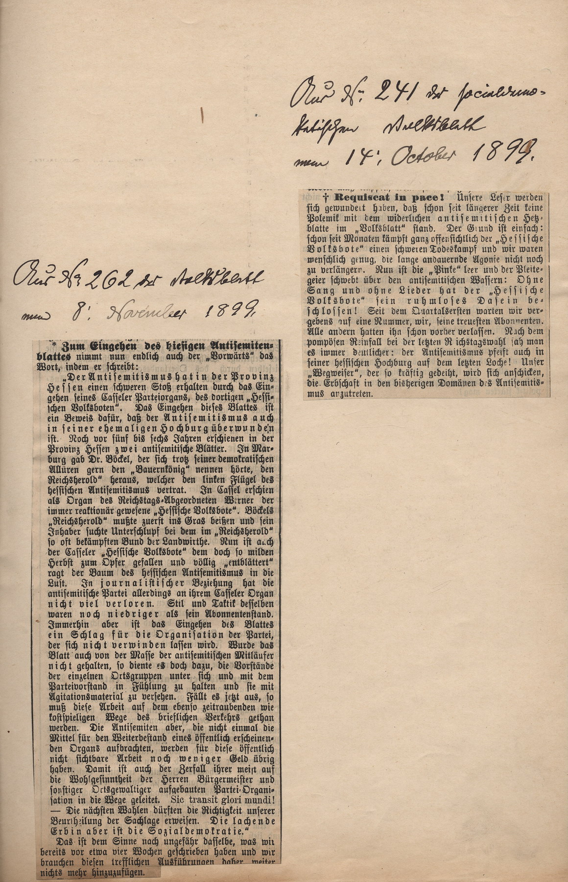 Kommentar aus dem sozialdemokratischen "Vorwärts" zum Eingehen der antisemitischen Zeitungen in Hessen, 8. November 1899