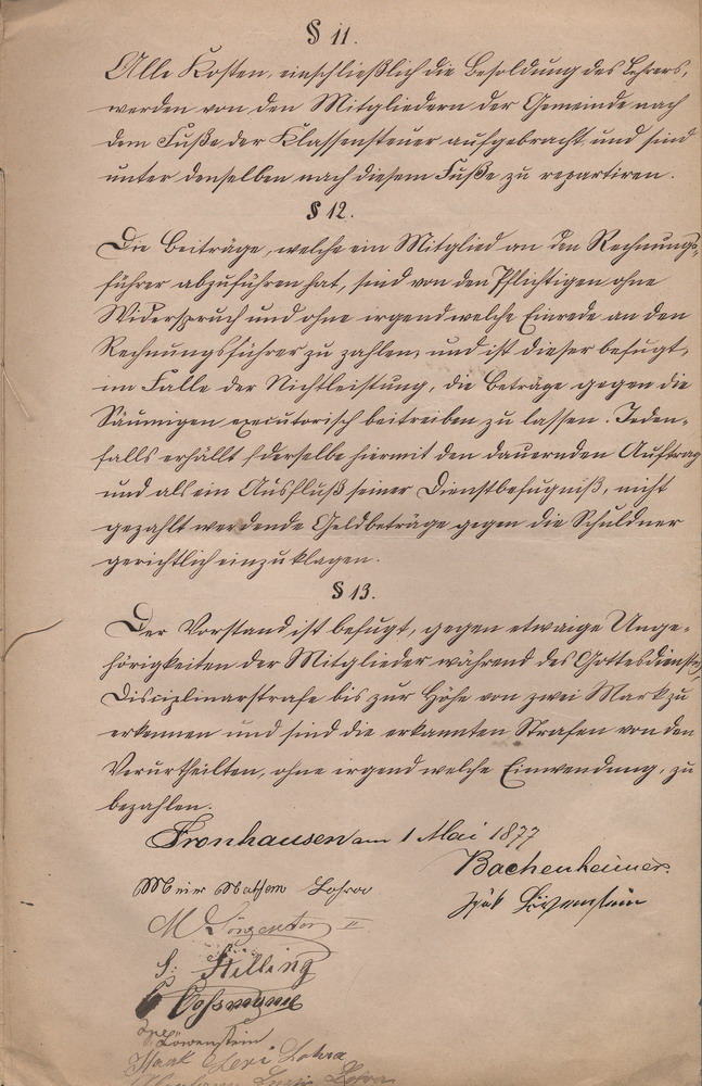 Statuten der umgebildeten israelitischen Synagogengemeinde Fronhausen, 1. Mai 1877