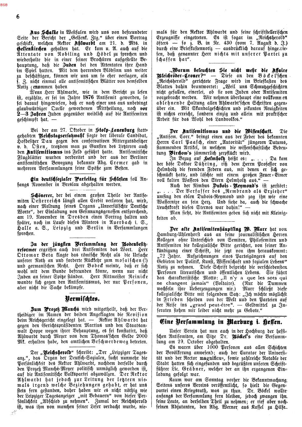 Zeitungsartikel zur ersten Veranstaltung der Marburger Vereins zur Abwehr des Antisemitismus, 29. Oktober 1891.