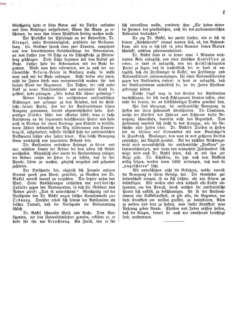 Zeitungsartikel zur ersten Veranstaltung der Marburger Vereins zur Abwehr des Antisemitismus, 29. Oktober 1891.