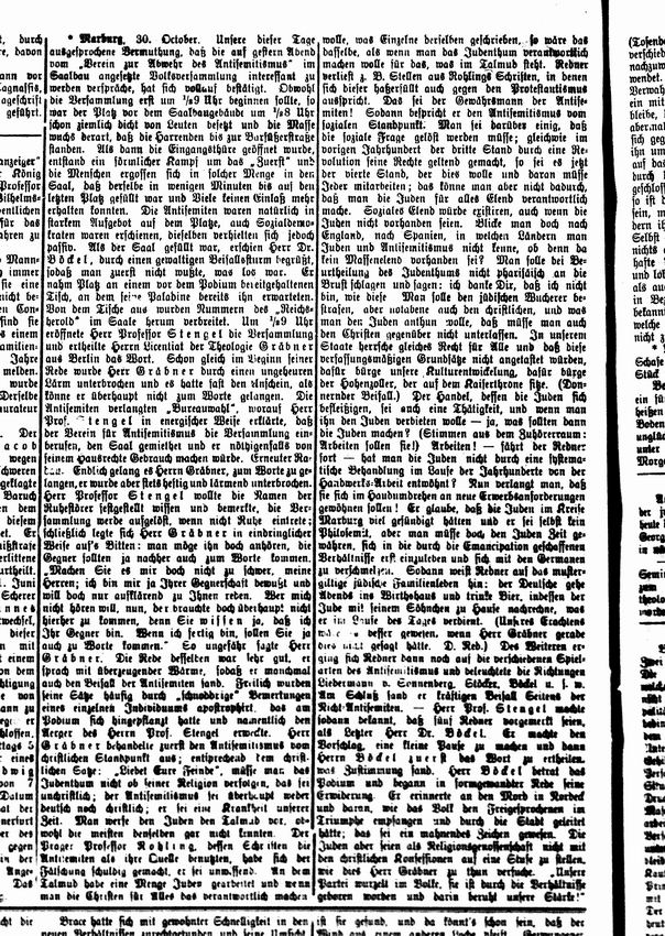 Zeitungsartikel zur ersten Veranstaltung der Marburger Vereins zur Abwehr des Antisemitismus, 29. Oktober 1891.