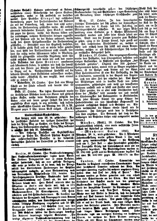 Zeitungsartikel zur ersten Veranstaltung der Marburger Vereins zur Abwehr des Antisemitismus, 29. Oktober 1891.