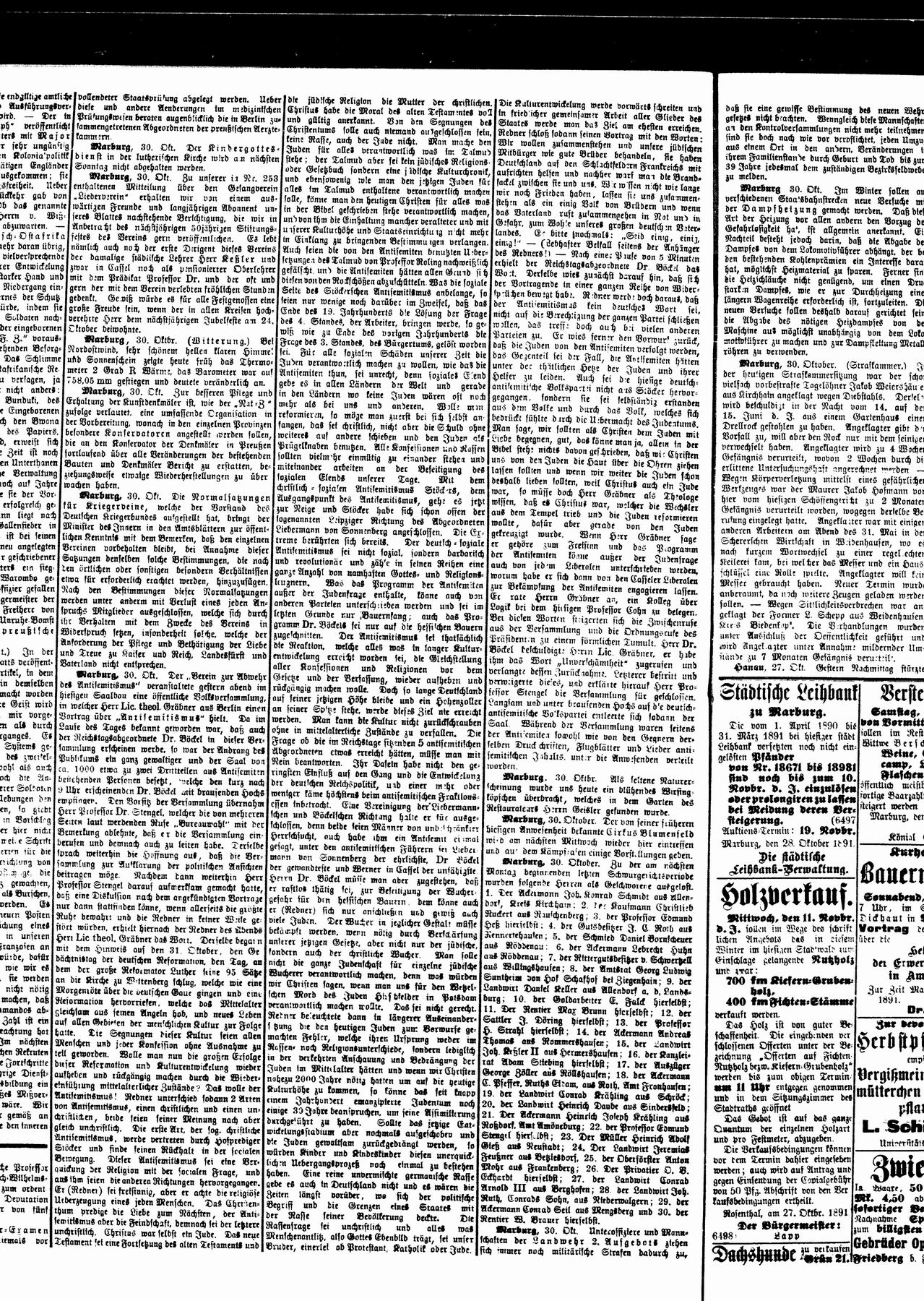 Zeitungsartikel zur ersten Veranstaltung der Marburger Vereins zur Abwehr des Antisemitismus, 29. Oktober 1891.