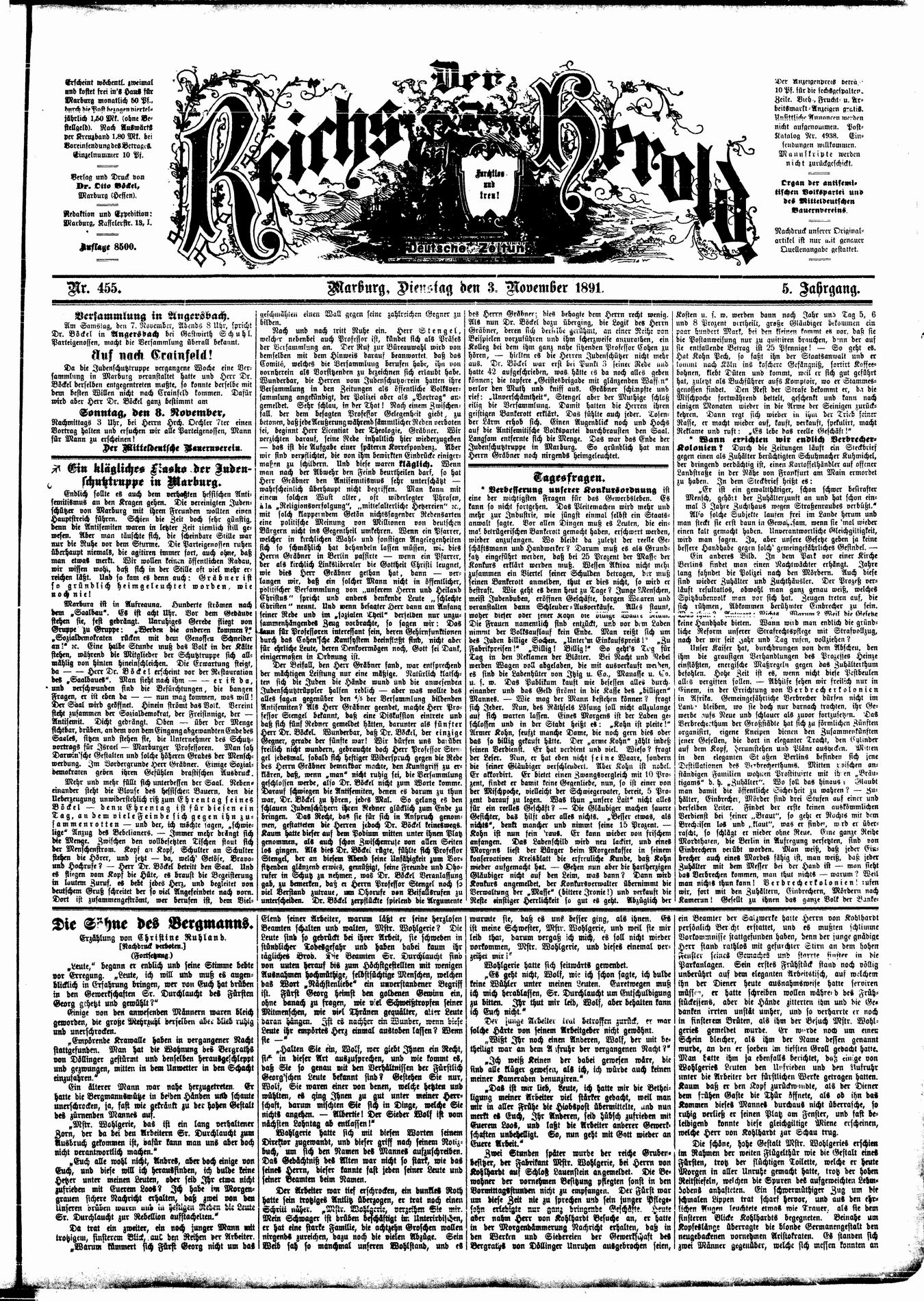 Zeitungsartikel zur ersten Veranstaltung der Marburger Vereins zur Abwehr des Antisemitismus, 29. Oktober 1891.