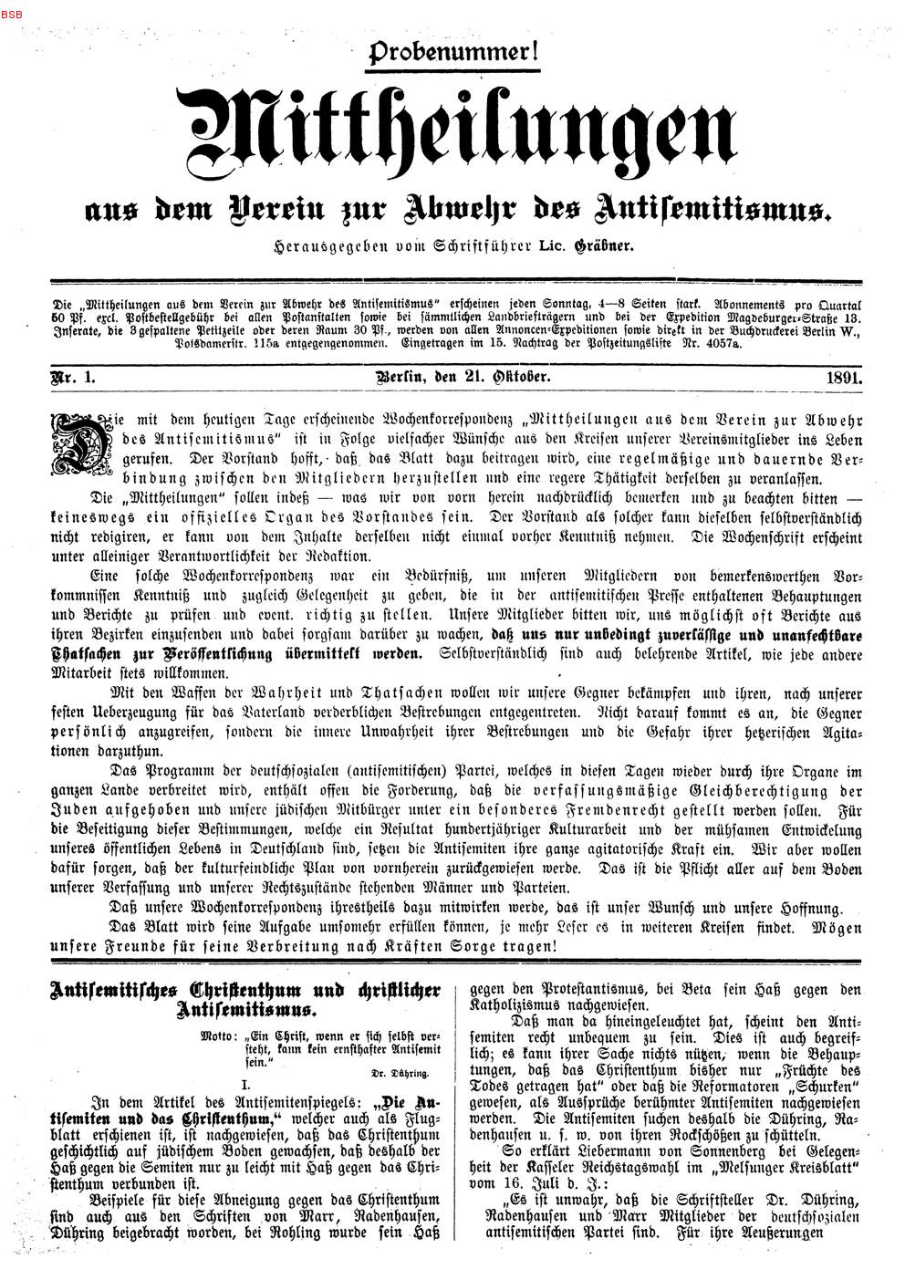 Probenummer der Mitteilungen aus dem Verein zur Abwehr des Antisemitismus, 21. Oktober 1891.