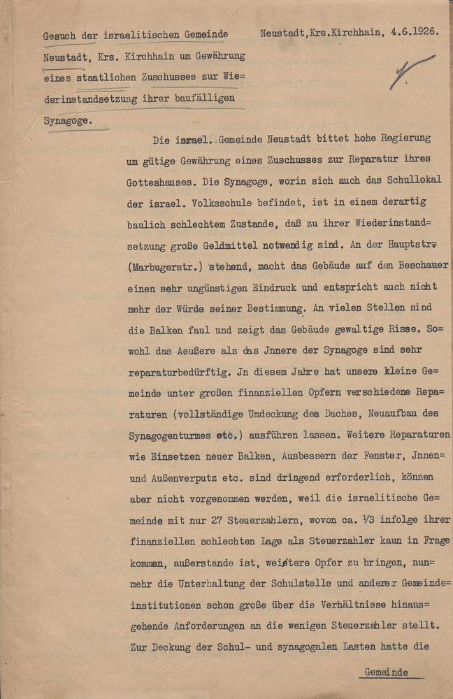 Briefwechsel zu Instandsetzungsarbeiten der Synagoge in Neustadt, 4. Juni bis 10. August 1926