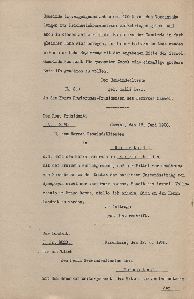 Briefwechsel zu Instandsetzungsarbeiten der Synagoge in Neustadt, 4. Juni bis 10. August 1926