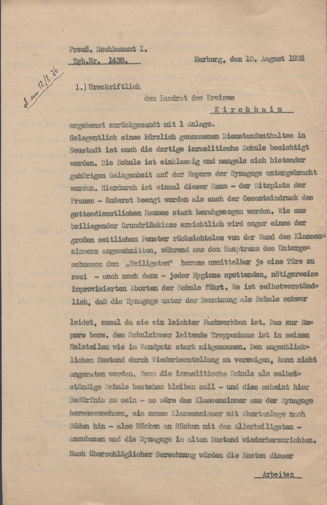 Briefwechsel zu Instandsetzungsarbeiten der Synagoge in Neustadt, 4. Juni bis 10. August 1926