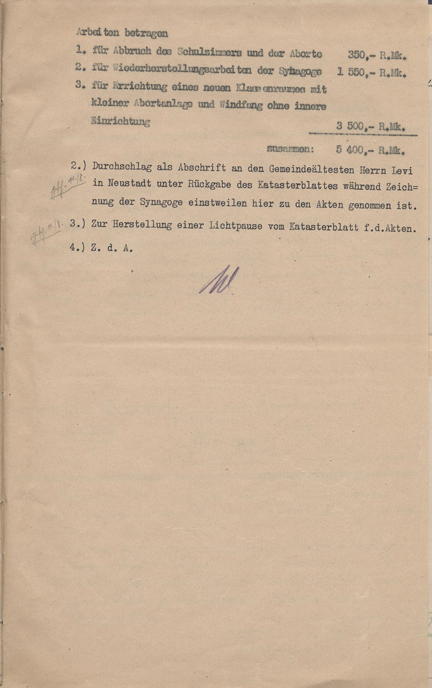 Briefwechsel zu Instandsetzungsarbeiten der Synagoge in Neustadt, 4. Juni bis 10. August 1926