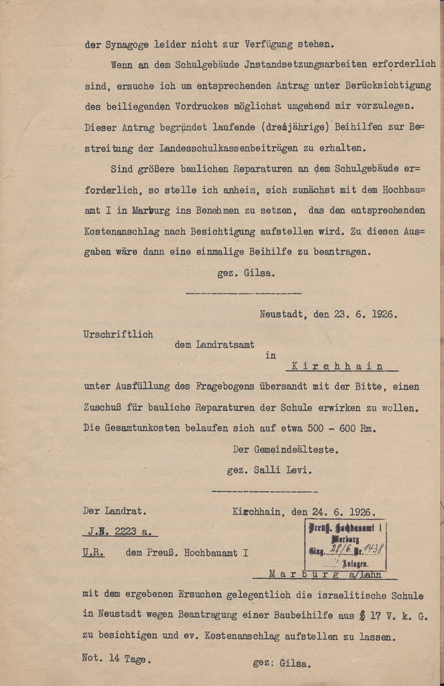 Briefwechsel zu Instandsetzungsarbeiten der Synagoge in Neustadt, 4. Juni bis 10. August 1926