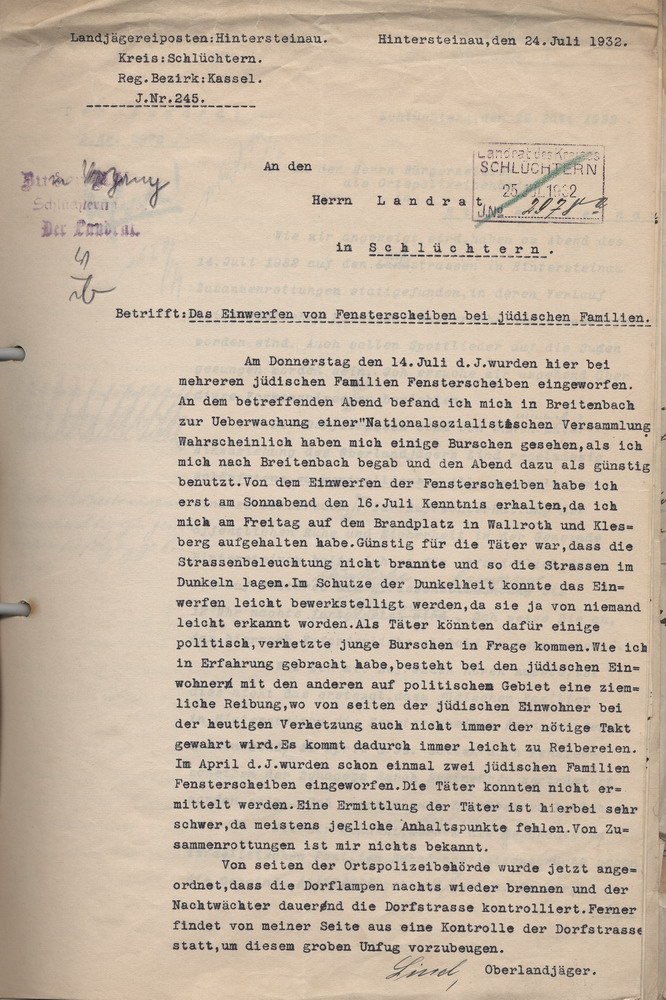Bericht des Landjägerpostens Hintersteinau an den Landrat wegen des Einwerfens von Fenstern bei jüdischen Einwohnern, 24. Juli 1932