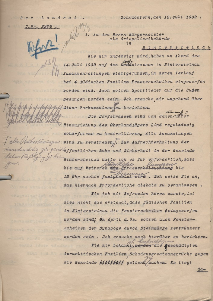 Schreiben des Landrats von Schlüchtern an den Bürgermeister von Hintersteinau, den Landjäger von Hintersteinau und einen Beschwerdeführer wegen der antijüdischen Übergriffe, 18. Juli 1932