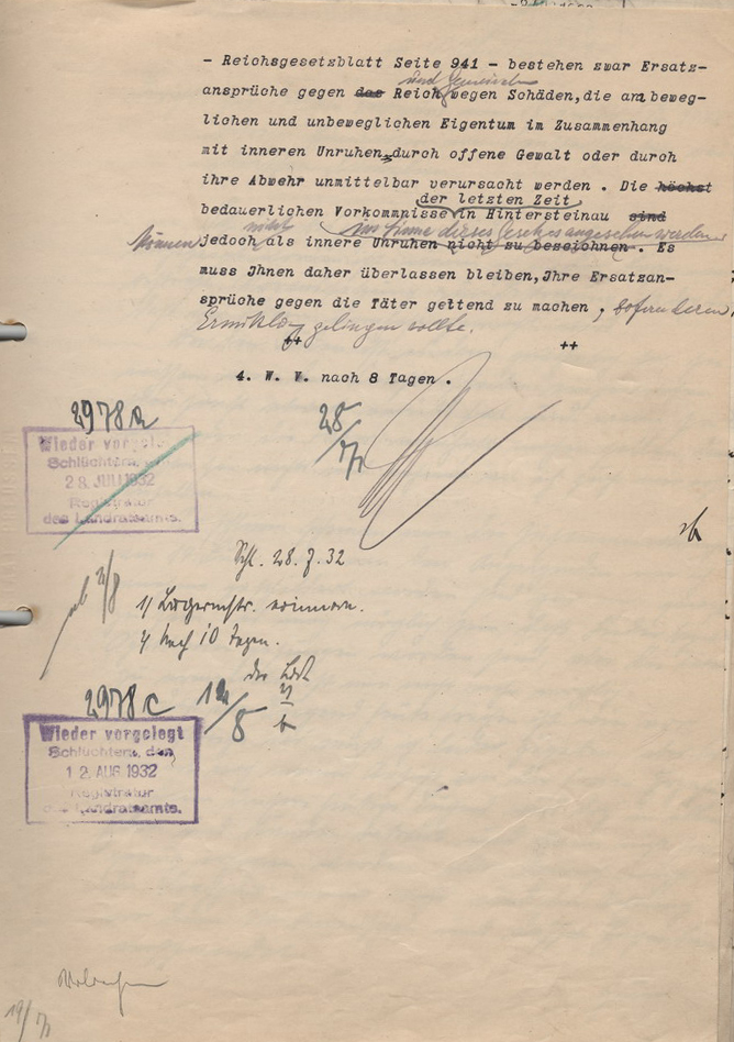 Schreiben des Landrats von Schlüchtern an den Bürgermeister von Hintersteinau, den Landjäger von Hintersteinau und einen Beschwerdeführer wegen der antijüdischen Übergriffe, 18. Juli 1932