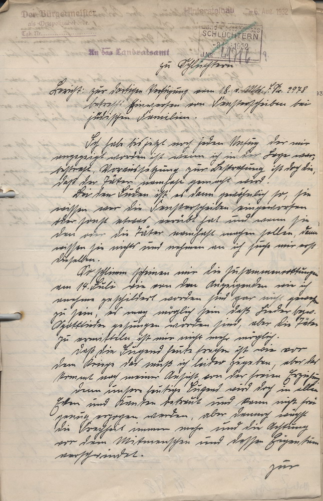 Bericht des Bürgermeisters von Hintersteinau an den Landrat über die antijüdischen Übergriffe, 6. August 1932