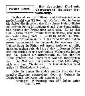 Artikel zum osthessischen Dorf Rhina mit seiner überwiegend jüdischen Bevölkerung, 1905