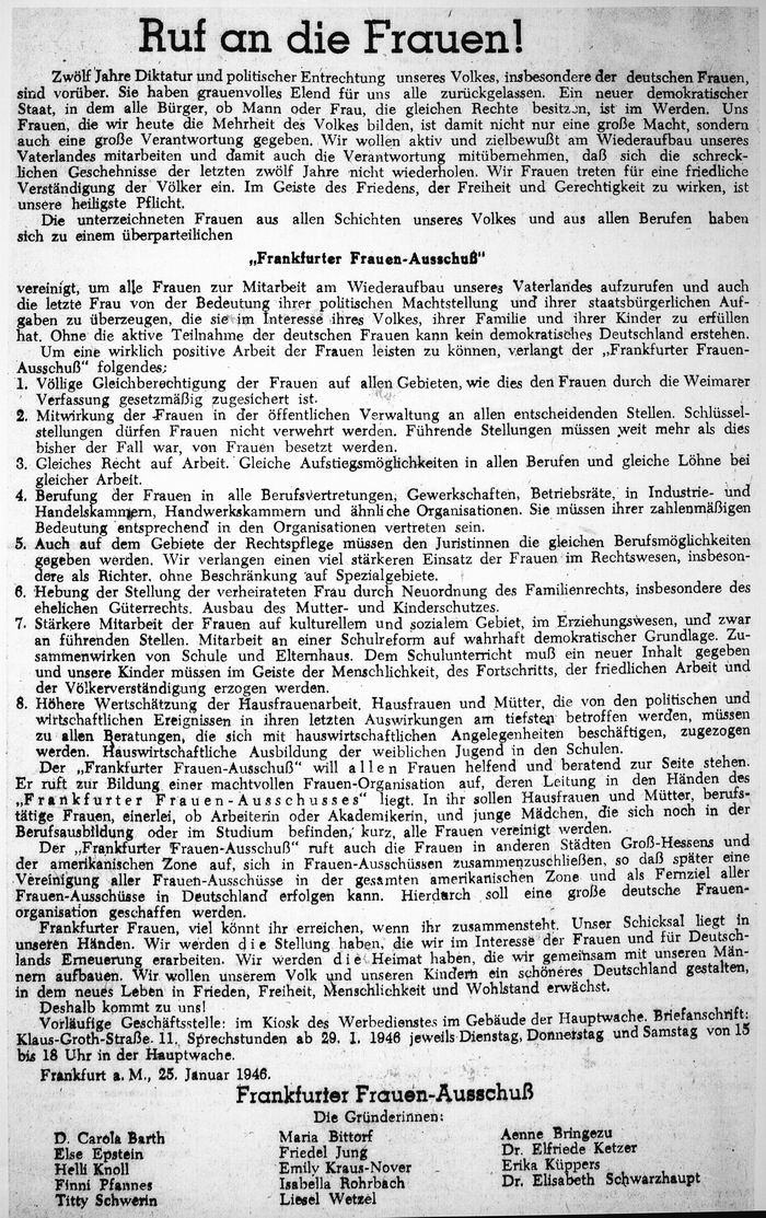 Gründungsaufruf des Frankfurter Frauenausschuss (Frankfurter Rundschau 25.1.1946)