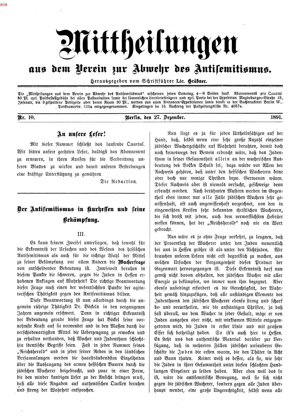 Der Verein zur Abwehr des Antisemitismus Marburg. Strategien II: Artikelserie Georg Winters "Der Antisemitismus in Kurhessen und seine Bekämpfung" in den "Mitteilungen aus dem Verein des Antisemitismus", Dezember 1891 - September 1892.