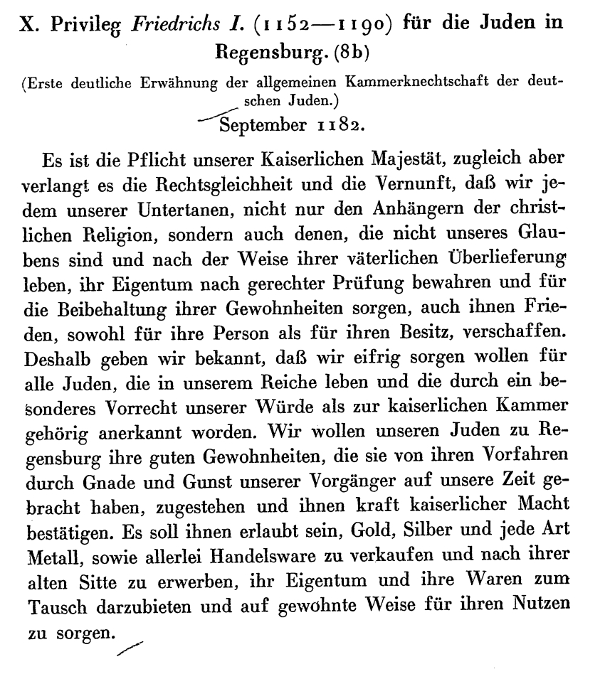 Privileg für die Juden in Regensburg Friedrichs I., September 1182
