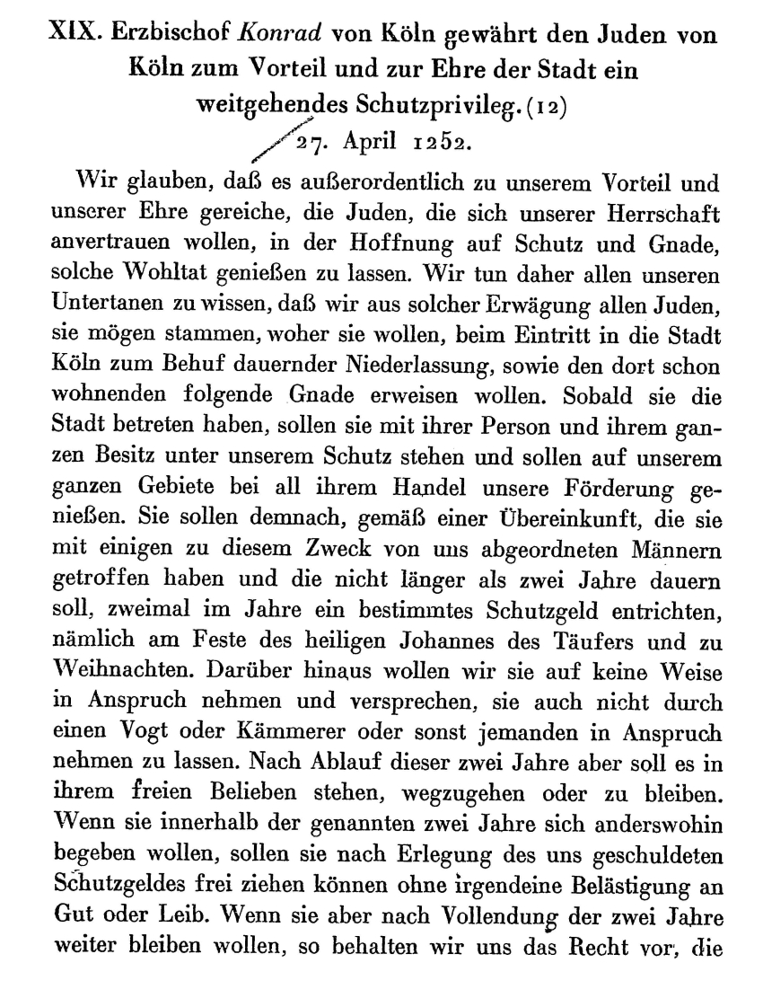 Schutzprivileg des Erzbischofs Konrad von Köln für die Juden von Köln, 27. April 1252