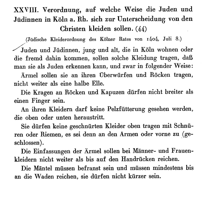 Jüdische Kleiderordnung des Kölner Rates, 8. Juli 1404