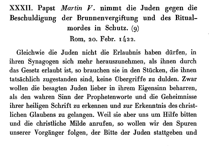 Papst Martin V. nimmt die Juden gegen den Vorwurf des Ritualmordes und der Brunnenvergiftung in Schutz, 20. Februar 1422