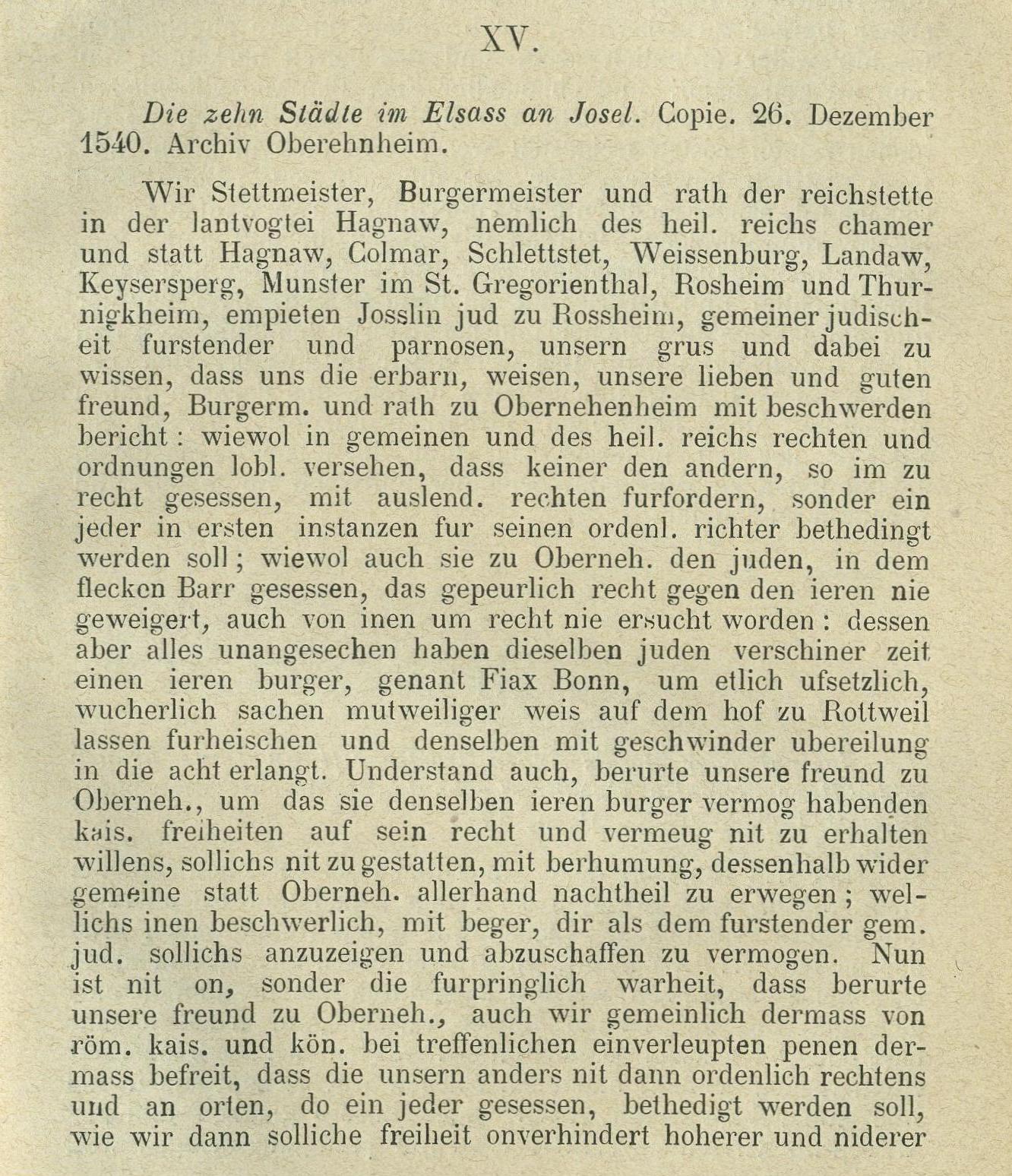 Die zehn Städte im Elsass an Josel, 26. Dezember 1540