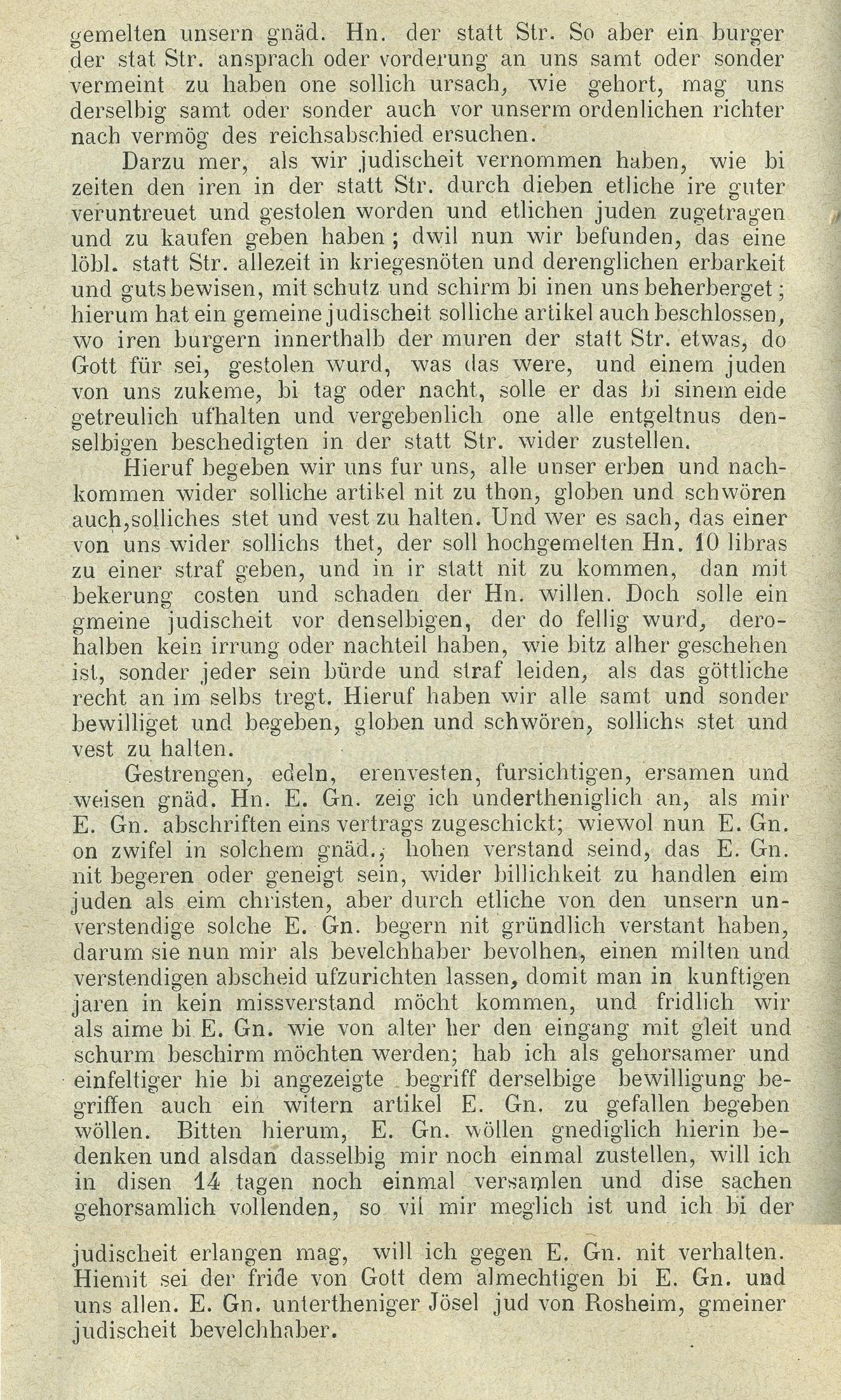 Die juden in der landvogtei Hagenaw obligiren sich, der statt Strassburg burger und angehörige vor keinen fremden gerichtsstettn, sonder allein vor Hn. meister und raht der statt Strassburg vorzunemen oder zu actioniren... 17.07.1536