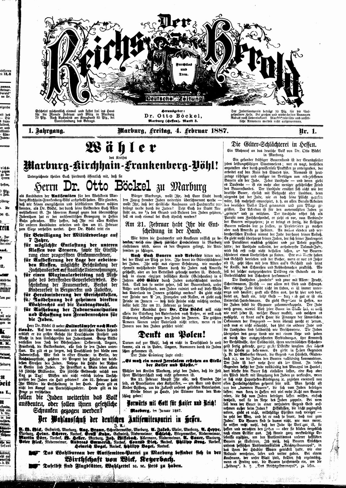 Erste Ausgabe der Zeitung "Der Reichsherold", 4. Februar 1887.