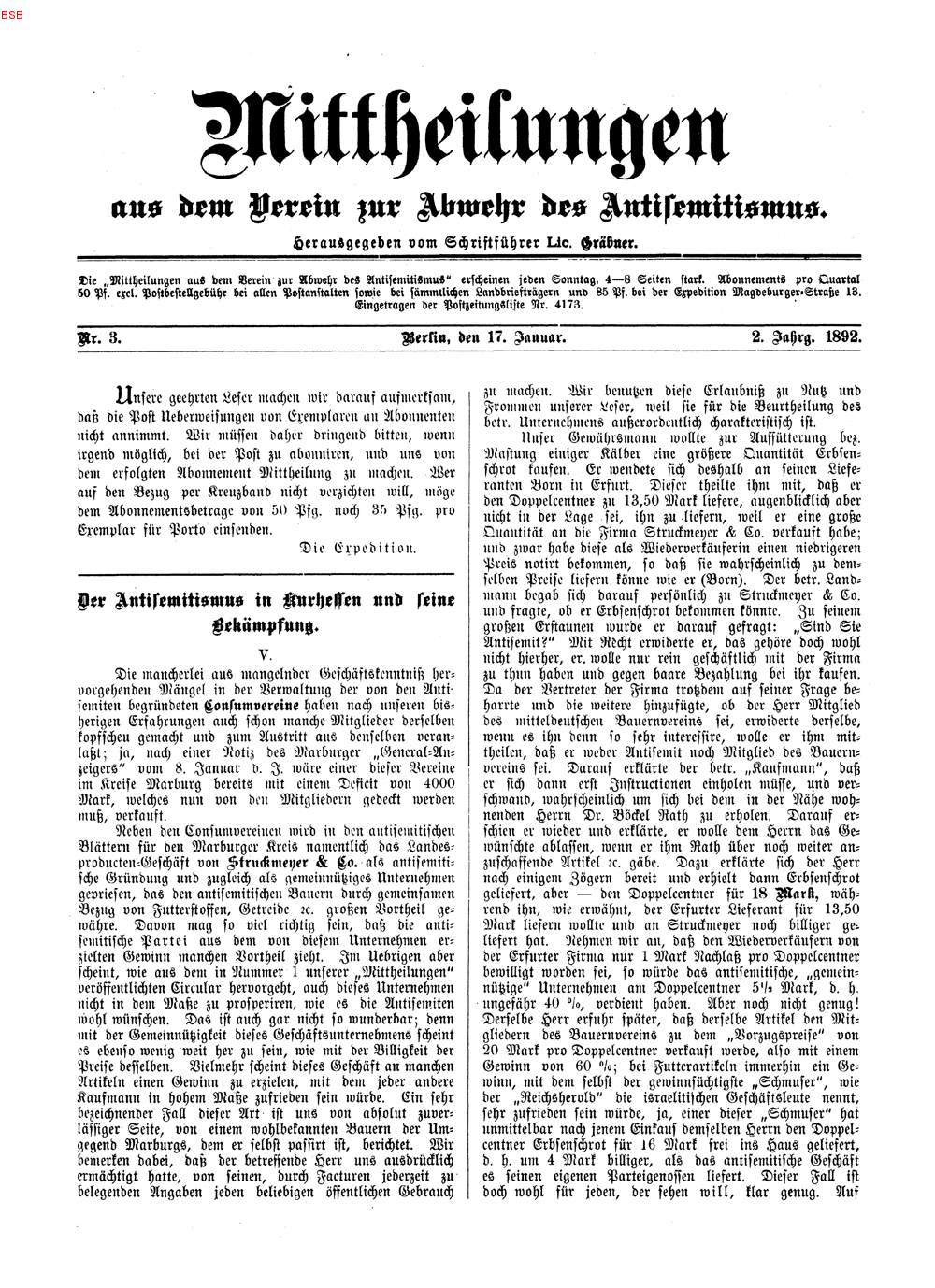Der Verein zur Abwehr des Antisemitismus Marburg. Strategien III: Aufklärung über das Vorgehen der Antisemiten am Beispiel eines antisemitischen Konsumvereins in Marburg, Januar/Februar 1892.