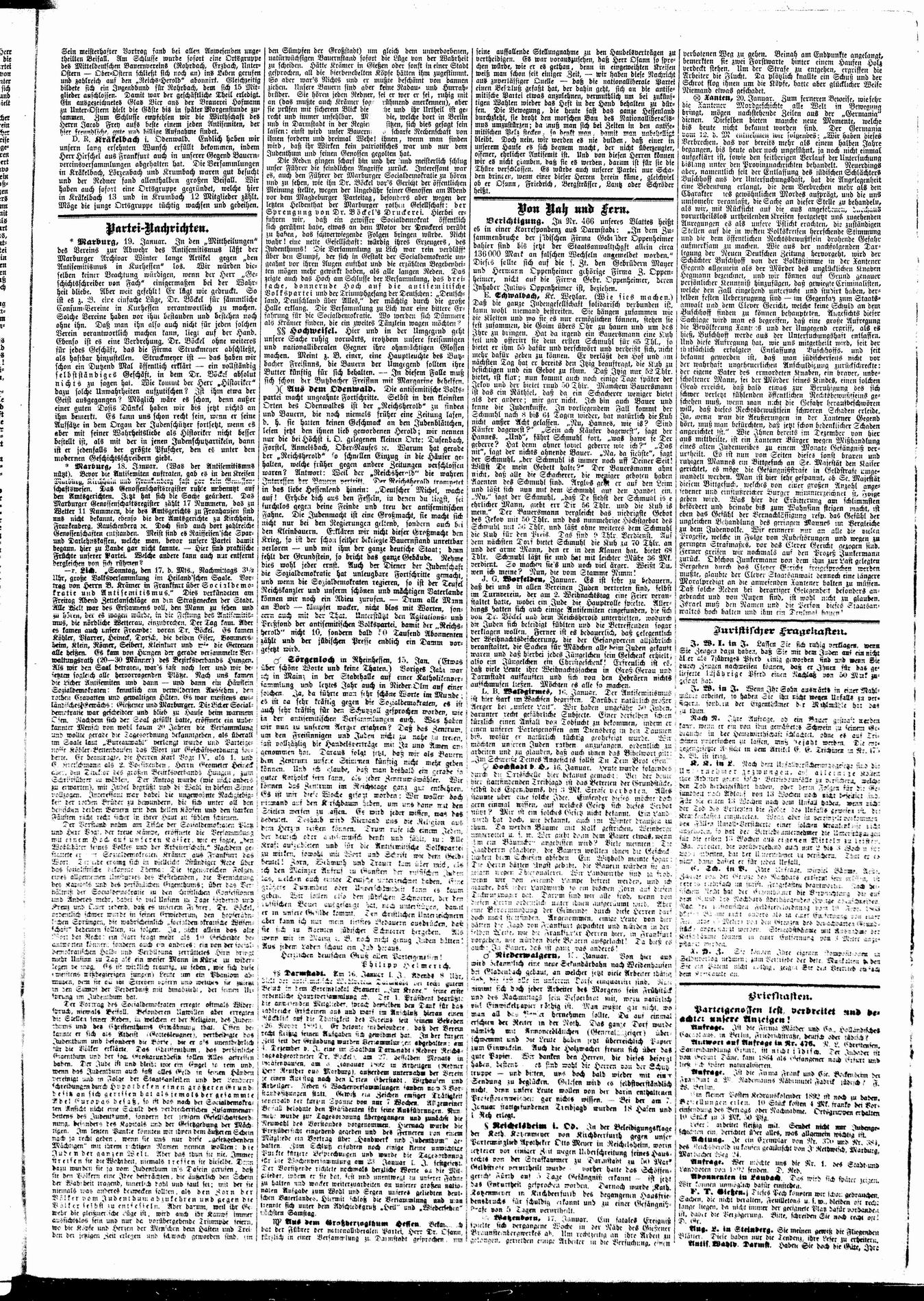 Der Verein zur Abwehr des Antisemitismus Marburg. Strategien III: Aufklärung über das Vorgehen der Antisemiten am Beispiel eines antisemitischen Konsumvereins in Marburg, Januar/Februar 1892.