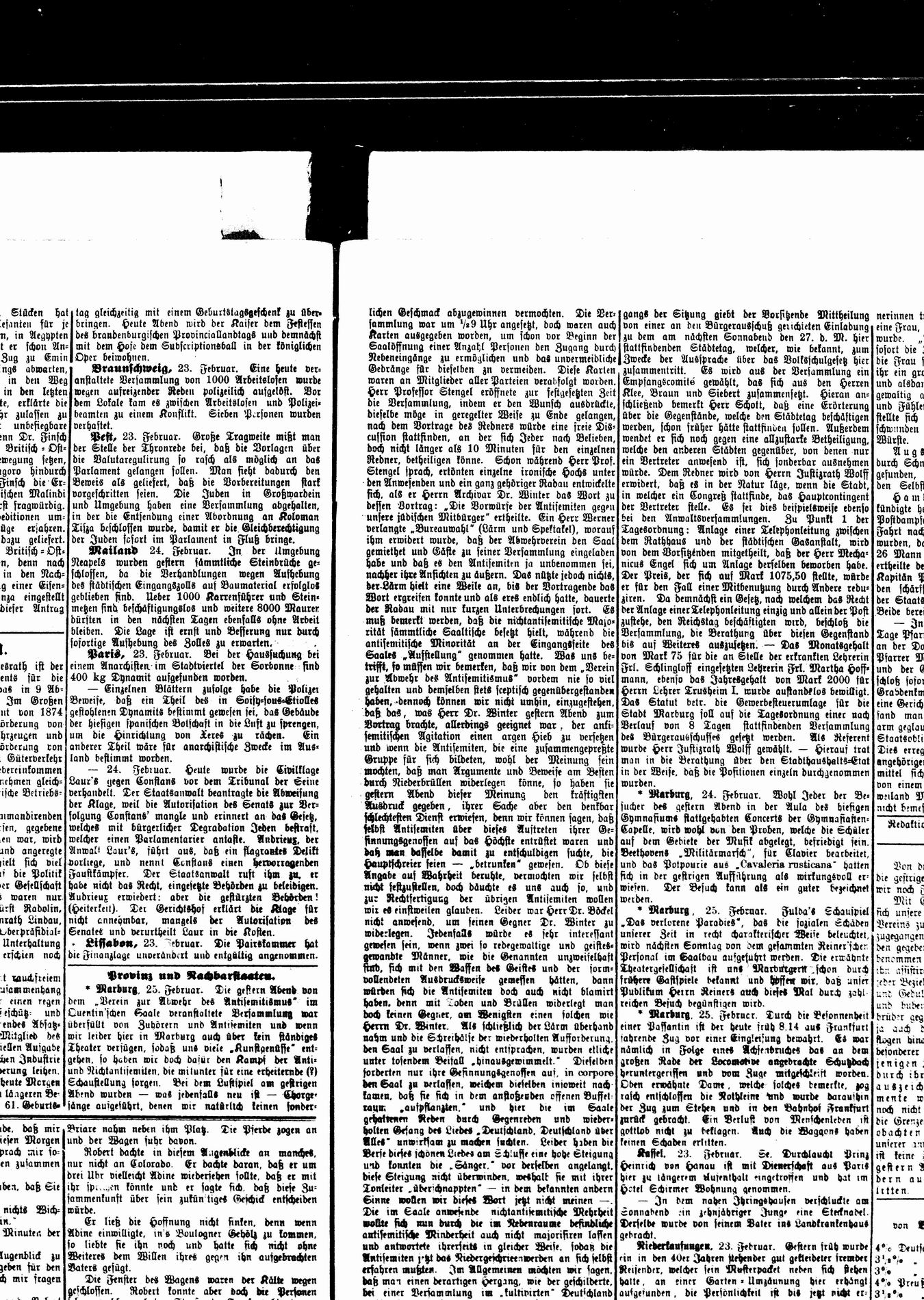 Zeitungsberichte zur Veranstaltung des Vereins zur Abwehr des Antisemitismus in Marburg, 24. Februar 1892.
