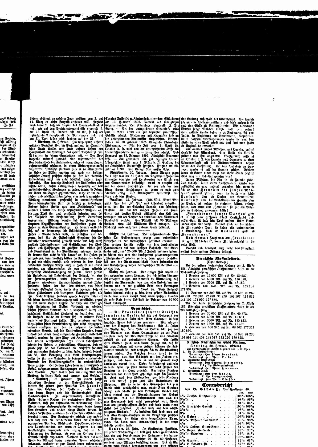 Zeitungsberichte zur Veranstaltung des Vereins zur Abwehr des Antisemitismus in Marburg, 24. Februar 1892.