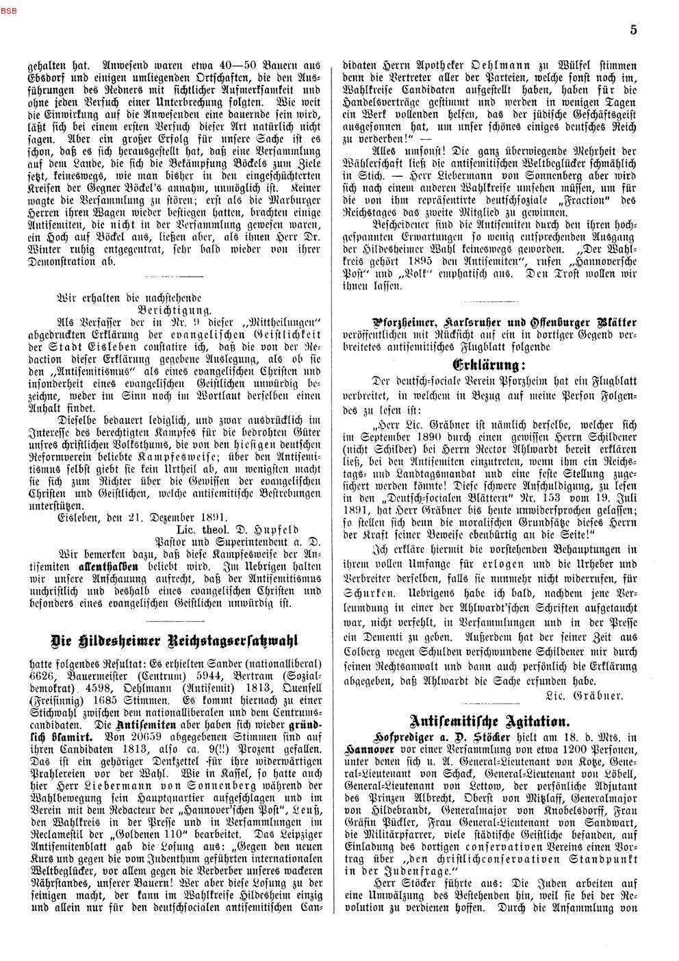 Zeitungsbericht zur ersten Veranstaltung des Vereins zur Abwehr des Antisemitismus Marburg im Marburger Umland, 17. Dezember 1891.