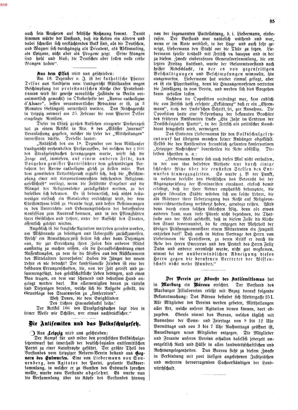 Zeitungsberichte zur Eröffnung eines Rechtshilfebüros durch den Verein zur Abwehr des Antisemitismus Marburg, Februar 1892.
