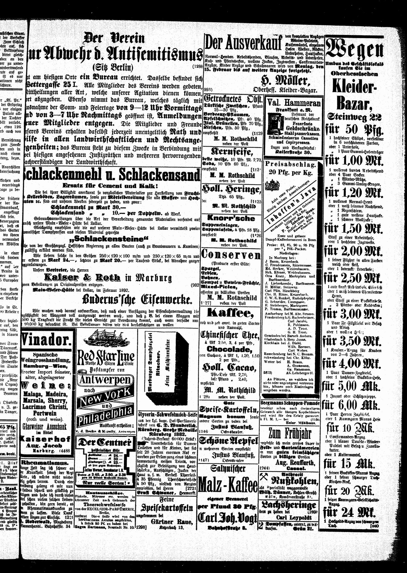 Zeitungsberichte zur Eröffnung eines Rechtshilfebüros durch den Verein zur Abwehr des Antisemitismus Marburg, Februar 1892.
