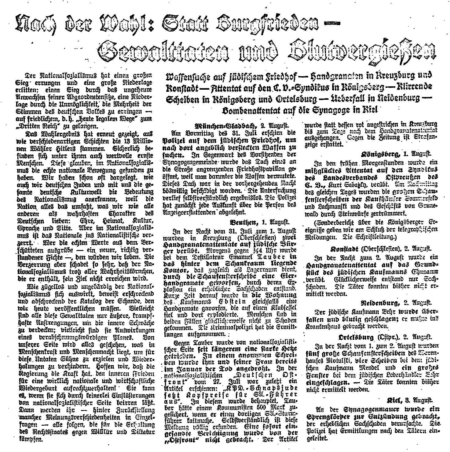 Titelseite der CV-Zeitung zum Reichstagswahlergebnis vom 31. Juli 1932 "Nach der Wahl: Statt Burgfrieden - Gewalttaten und Blutvergießen",  5. August 1932 (Ausschnitt)
