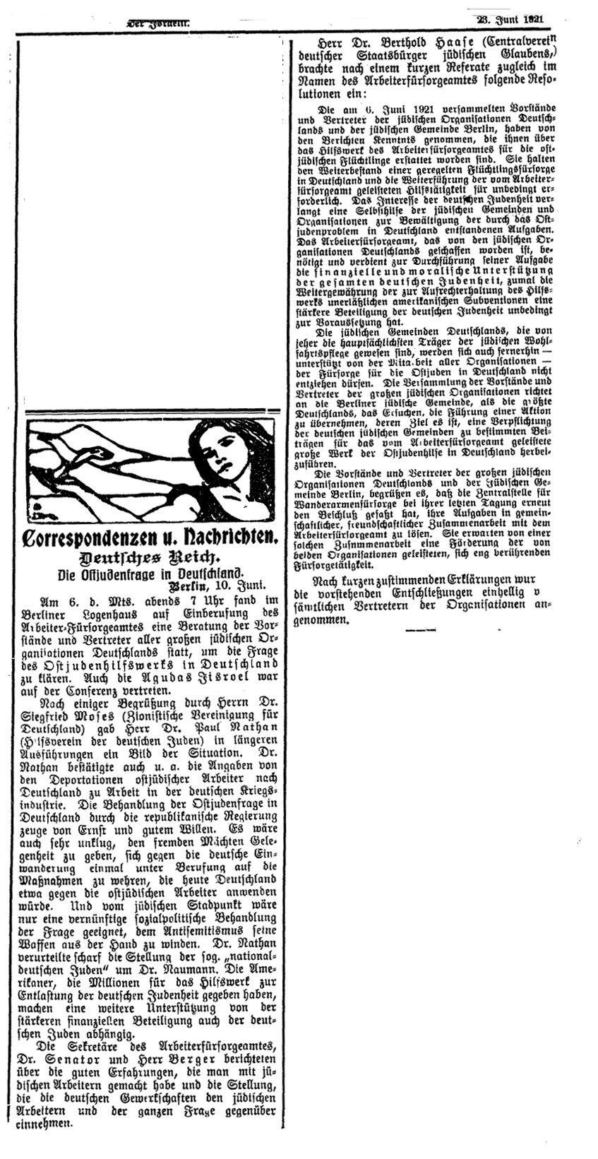Stellungnahme zur Frage der Ostjuden in "Der Israelit", 23. Juni 1921