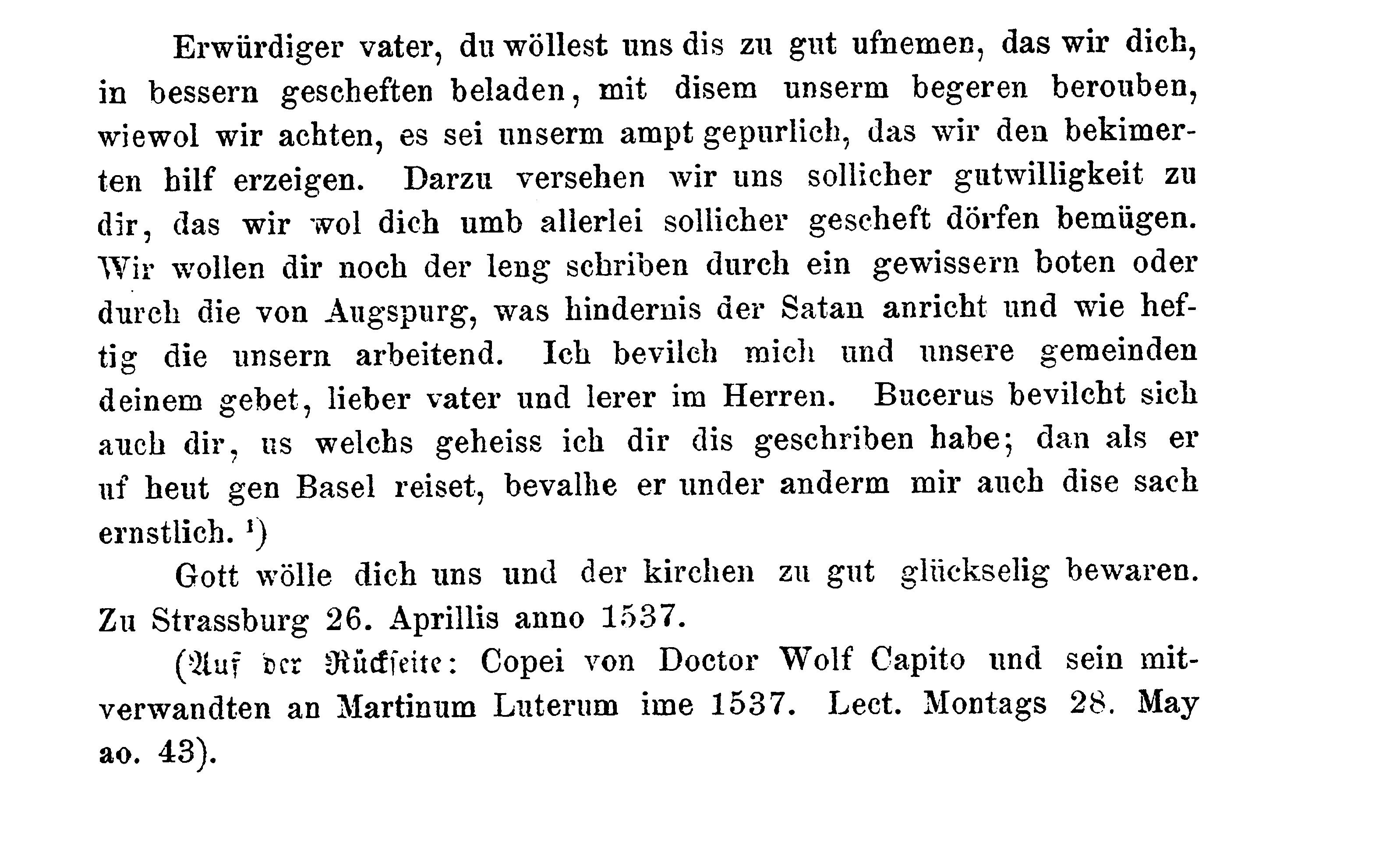 Brief Wolfgang Capitos an Luther, 26. April 1537