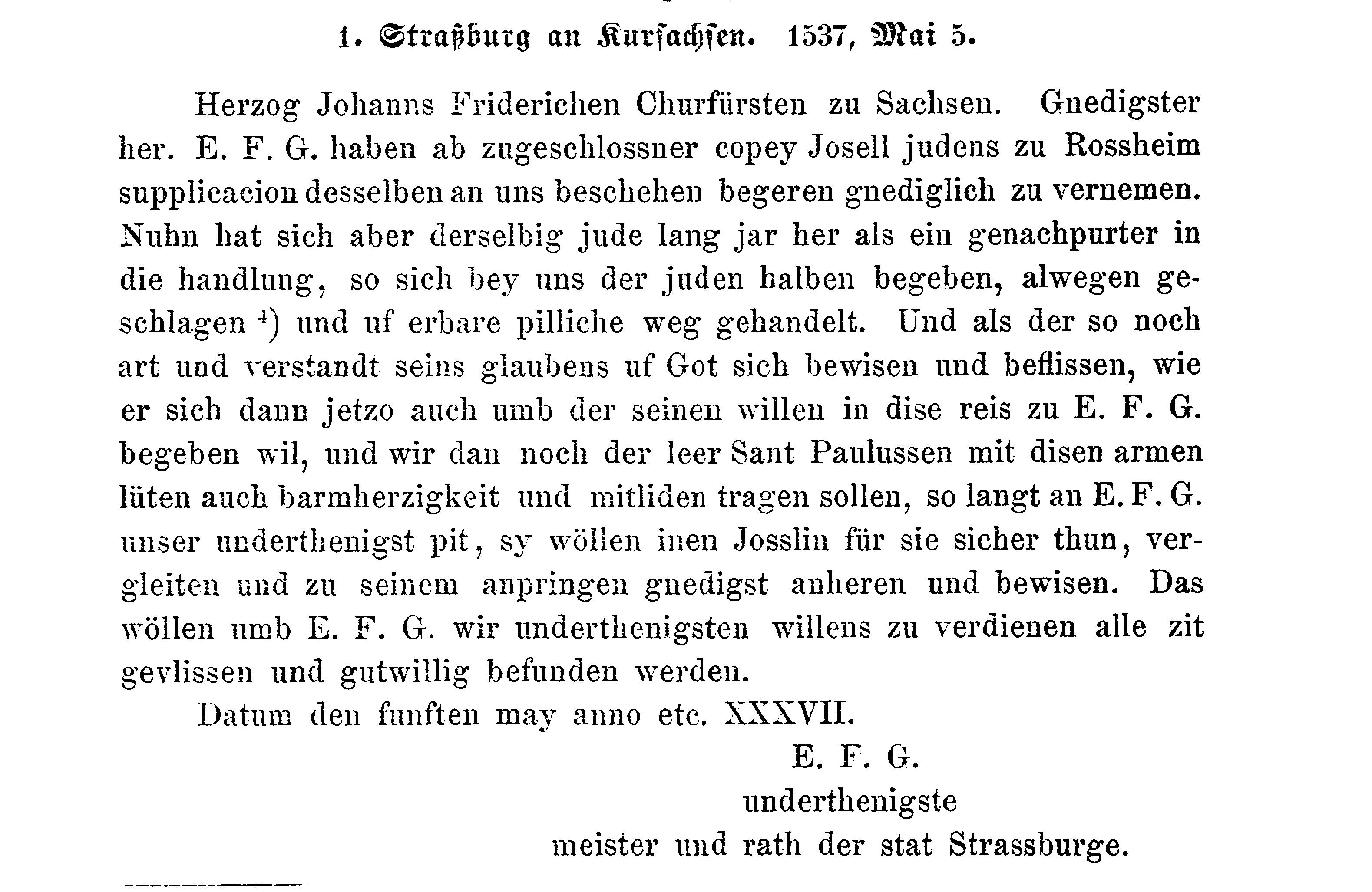 Der Straßburger Rat an den sächsischen Kurfürst Johann Friedrich, 5. Mai 1537