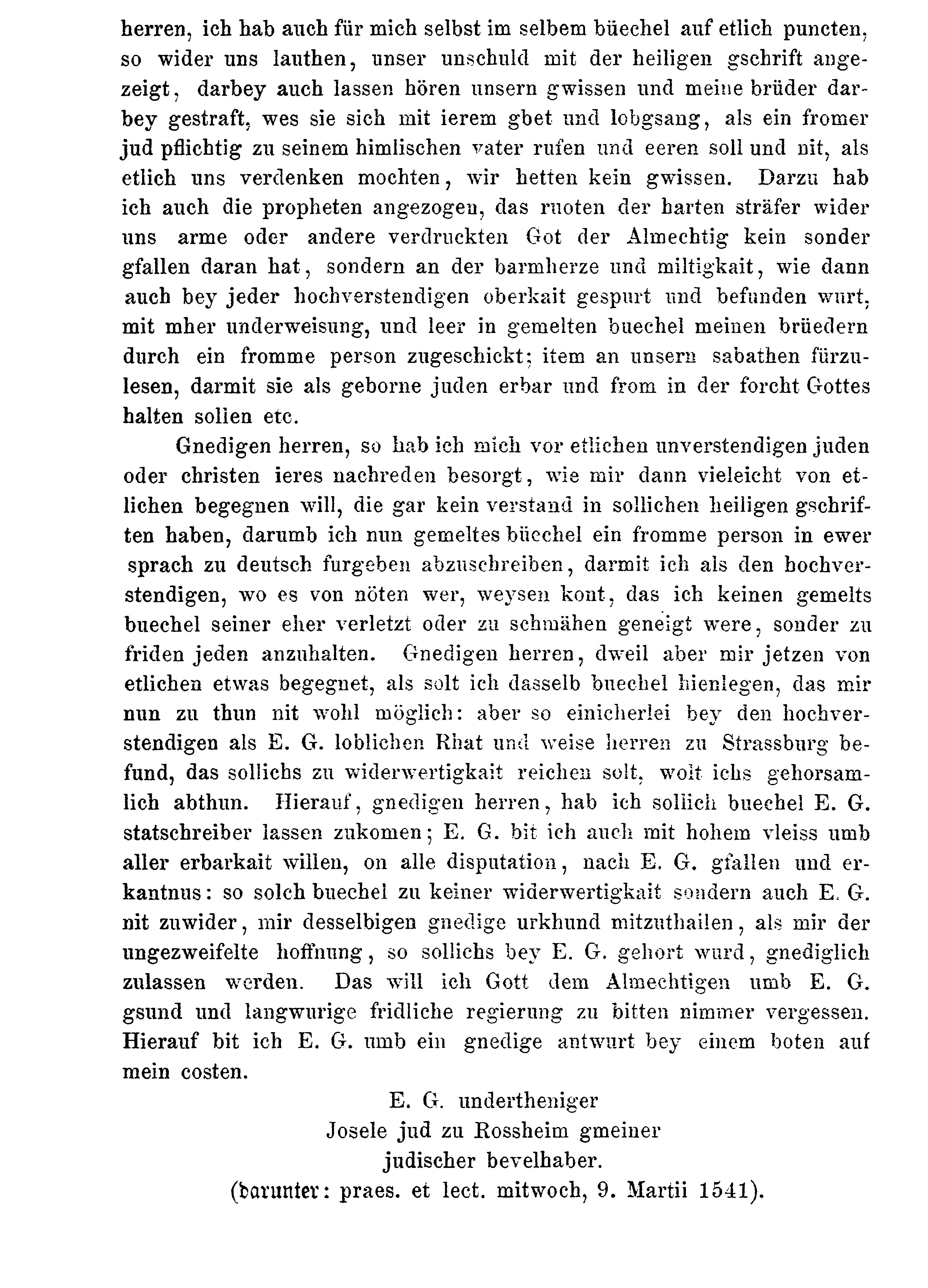 Brief Josels von Rosheim an den Straßburger Rat, 9. März 1541 (Betreffend der Trostschrift)